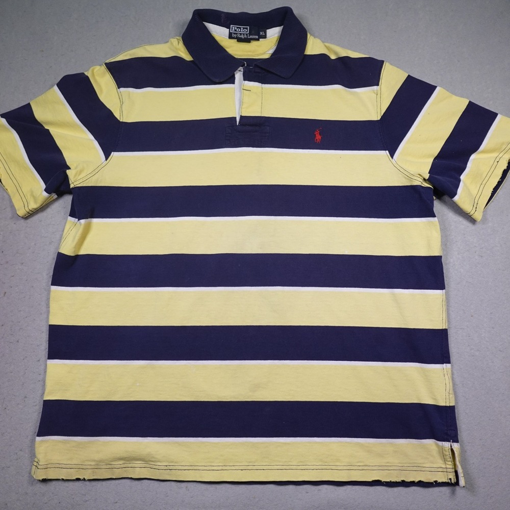 Vintage Polo Ralph Lauren Polo Shirt Mens XL Yellow Navy Blue Striped Rugby